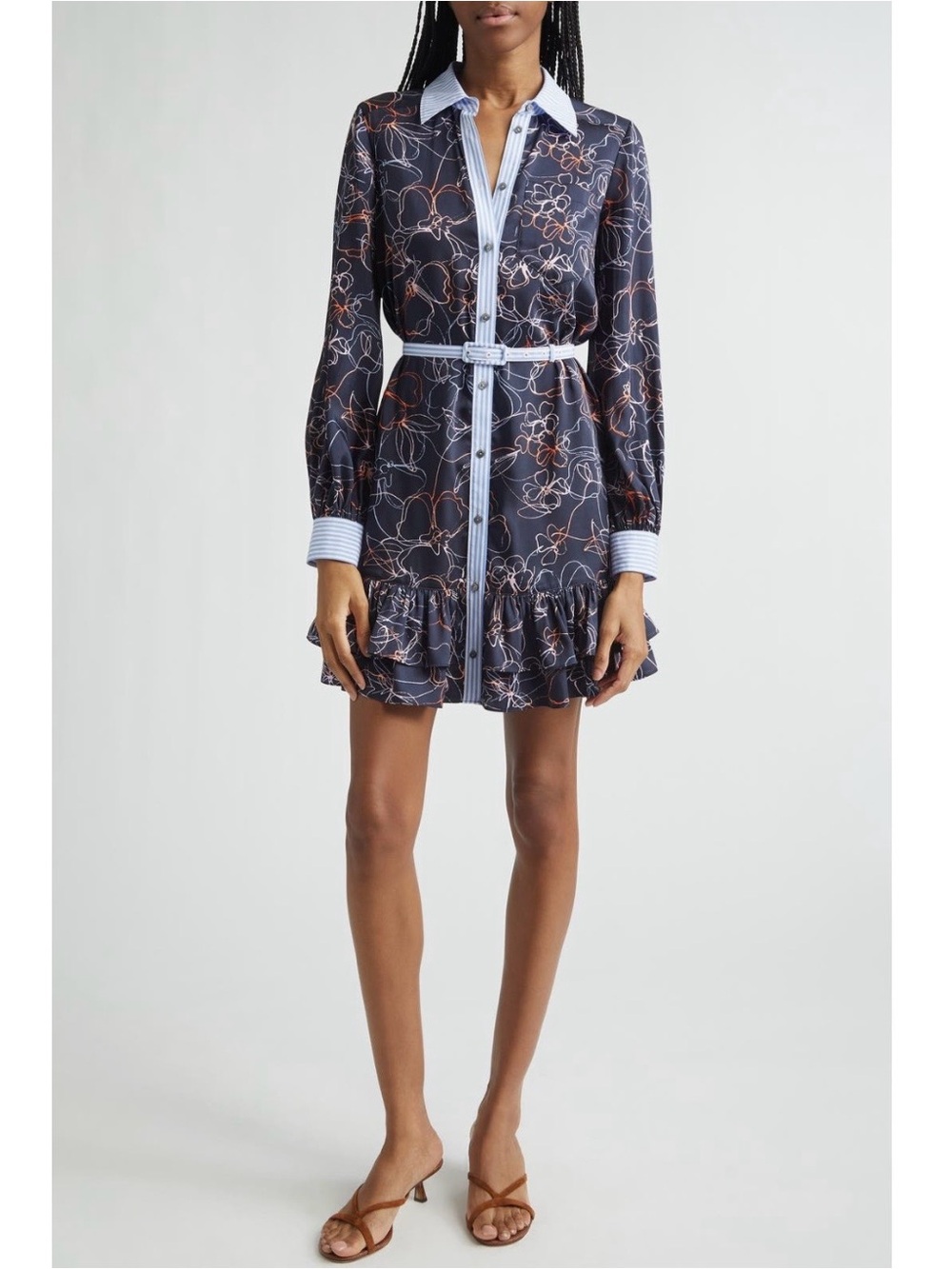 Cinq à Sept Malvia Floral Print Long Sleeve Shirtdress in Navy Multi Size 6